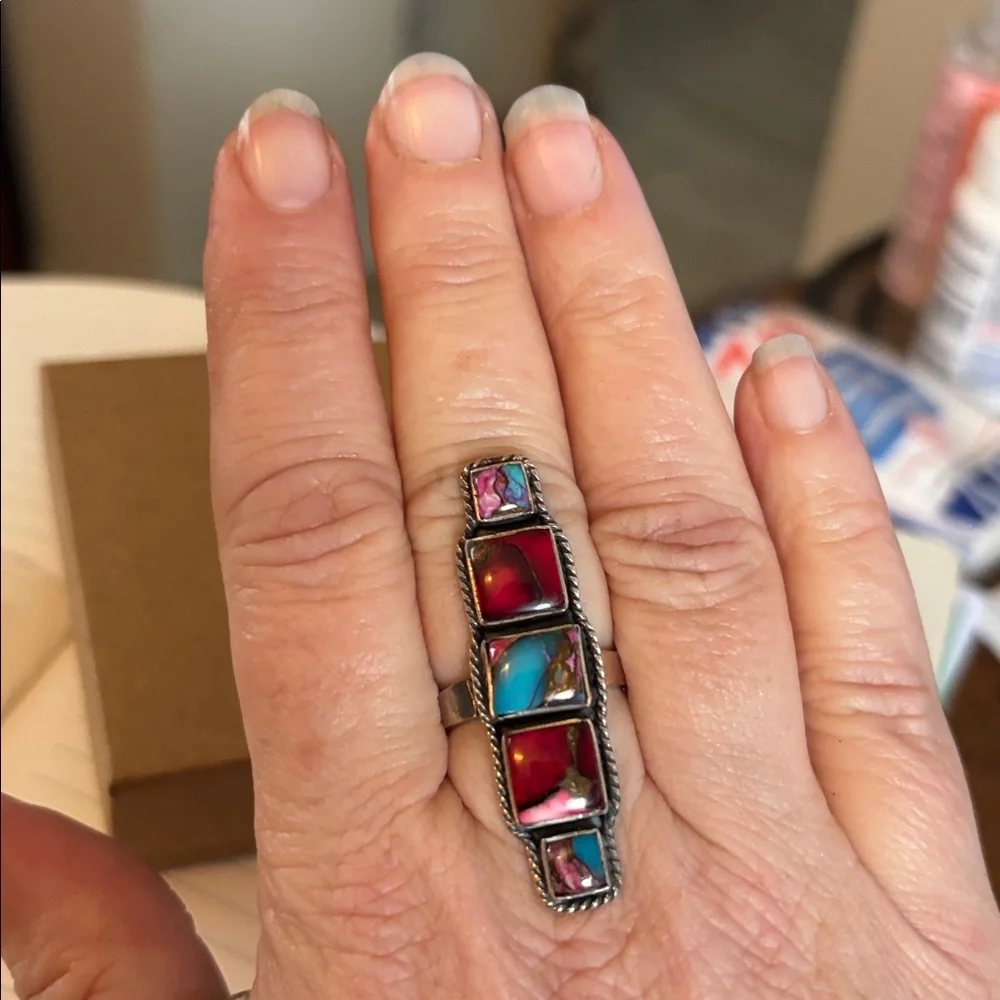 Stirling Silver Rainbow Spiny Oyster & Turquoise Adjustable Ring
